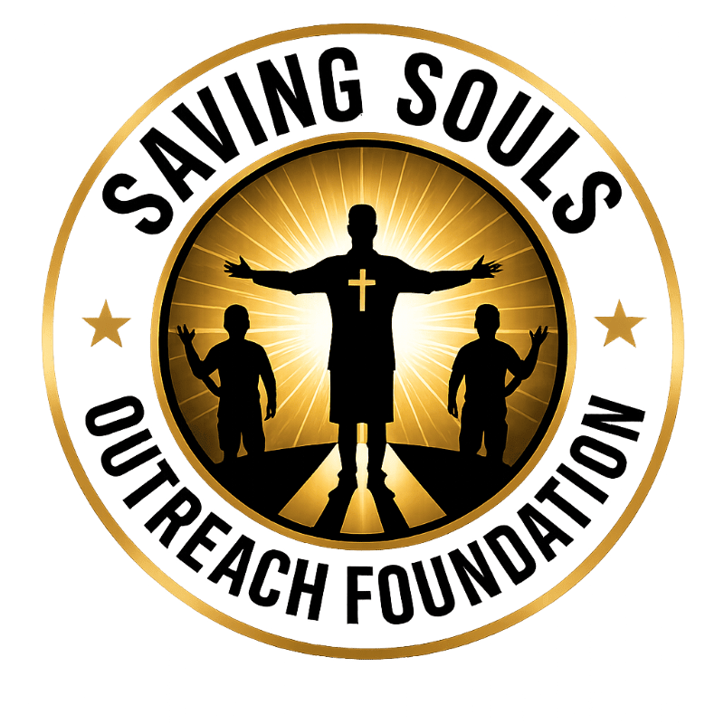 A central silhouette of a man with outstretched arms and a cross on his chest stands before a radiant sun, flanked by two smaller silhouettes, all within a circular emblem bearing the words "SAVING SOULS OUTREACH FOUNDATION."