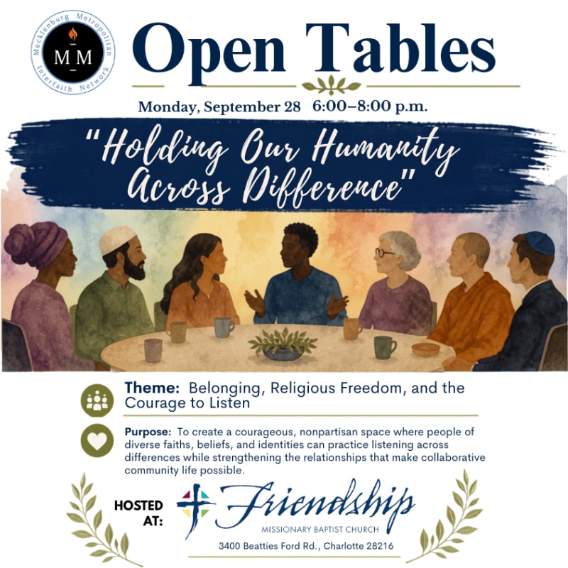 A diverse group of people sit around a table in the foreground, while the background features a dark blue banner with the event title "Open Tables" and a watercolor-style illustration.