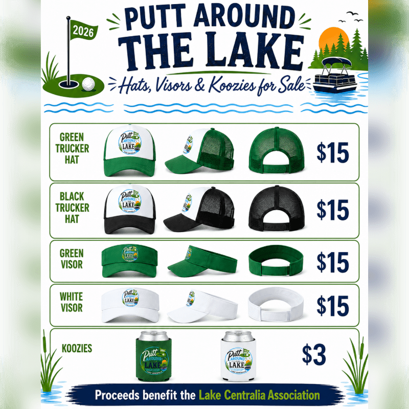 In the foreground, various hats, visors, and koozies are displayed with prices, while the background features a golf course scene with a flag, a boat, and trees.