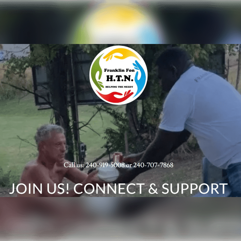 Two men are interacting in the foreground with a logo and text overlay, set against a blurred outdoor background.