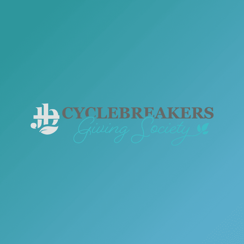 A white and grey logo with the words "CYCLEBREAKERS Giving Society" is centered on a gradient teal background.