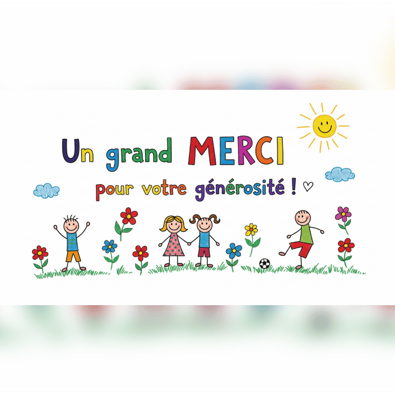Colorful stick figures and flowers are in the foreground, with a bright sun and clouds in the background, all under the French phrase "Un grand MERCI pour votre générosité!".
