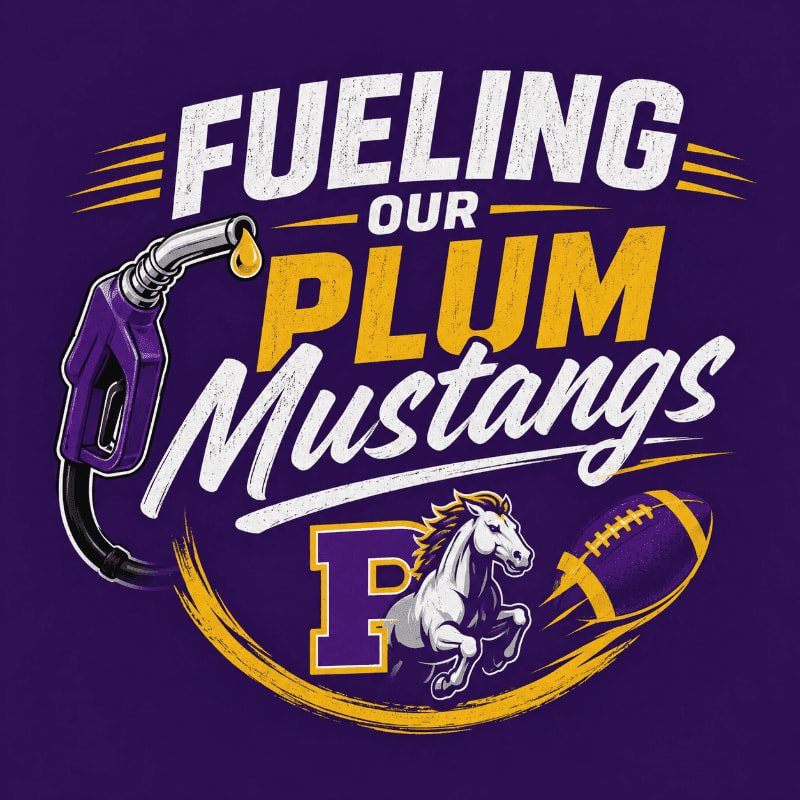 A purple gas pump nozzle pours fuel onto a white mustang with a football, all set against a dark purple background with the words "FUELING OUR PLUM Mustangs" in bold white and yellow lettering.