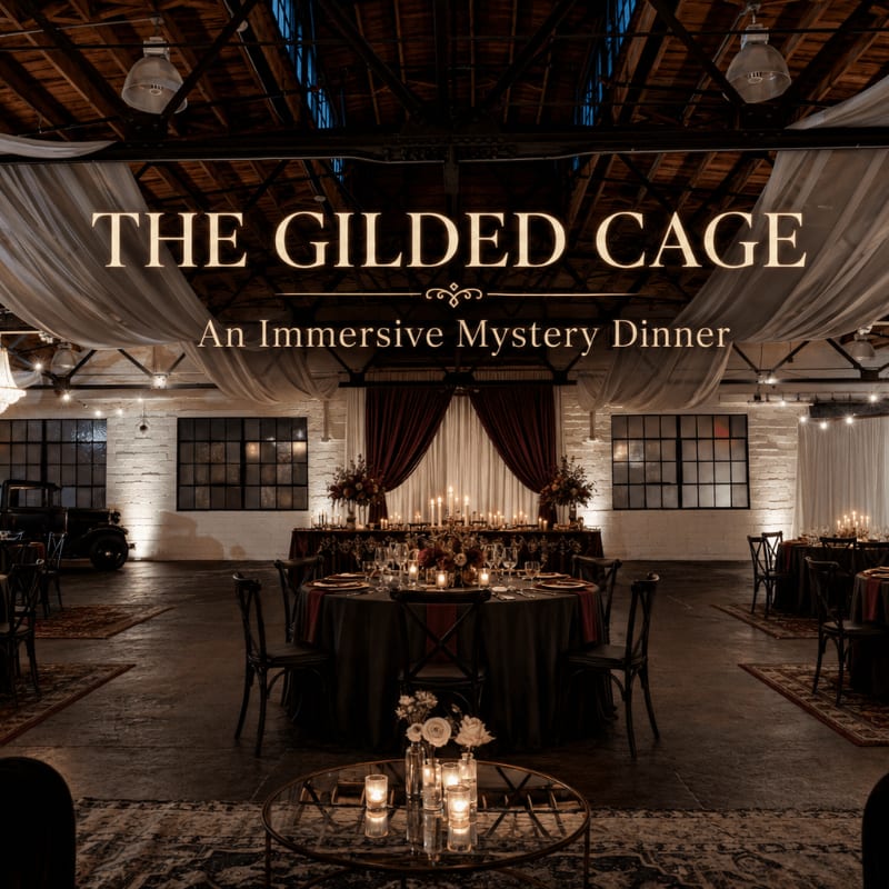 A dimly lit, elegant dining hall with a central table set for a mystery dinner is in the foreground, while the background reveals a vintage car and industrial-style windows.