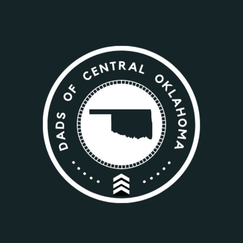 A circular logo with the outline of Oklahoma in the center, surrounded by text that reads "DADS OF CENTRAL OKLAHOMA," is set against a dark teal background.