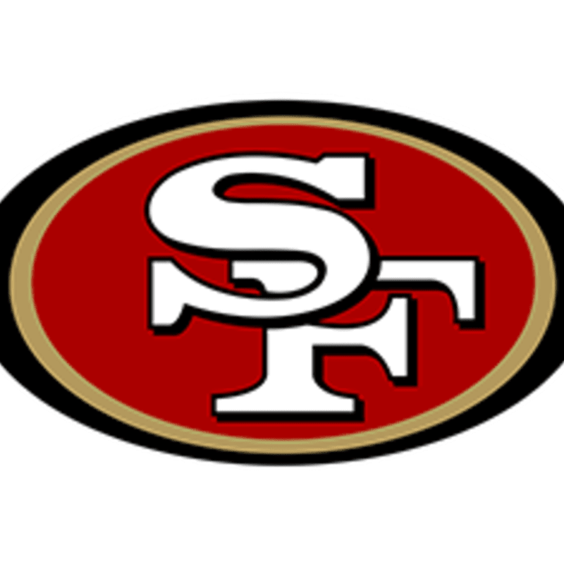 A white "SF" logo with a black outline is centered on a red oval background, which is bordered by a thin gold line and a thicker black outer edge.
