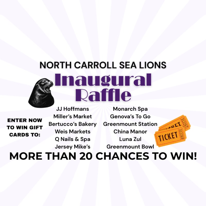 A black seal is pictured in the foreground next to a list of businesses and raffle tickets, with the text "NORTH CARROLL SEA LIONS Inaugural Raffle" and "MORE THAN 20 CHANCES TO WIN!" in the background.