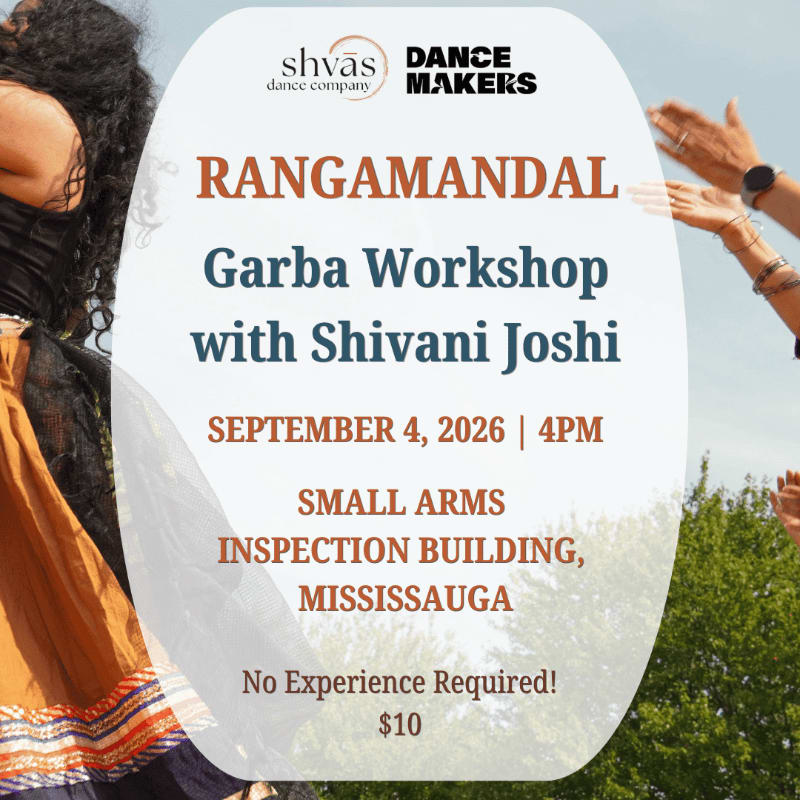 A Garba workshop poster features a dancer in the foreground and a group of people with raised hands in the background.