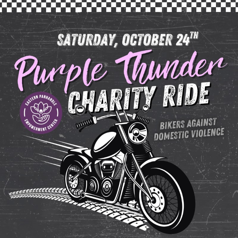 A black motorcycle with tire tracks in the foreground is set against a chalkboard background advertising the "Purple Thunder Charity Ride" on Saturday, October 24th, for Bikers Against Domestic Violence.