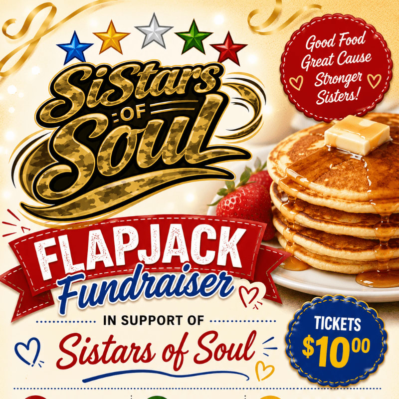 A stack of syrup-drenched pancakes with butter and strawberries sits in the foreground, while the background features a "Sistars of Soul Flapjack Fundraiser" advertisement with colorful stars and text.