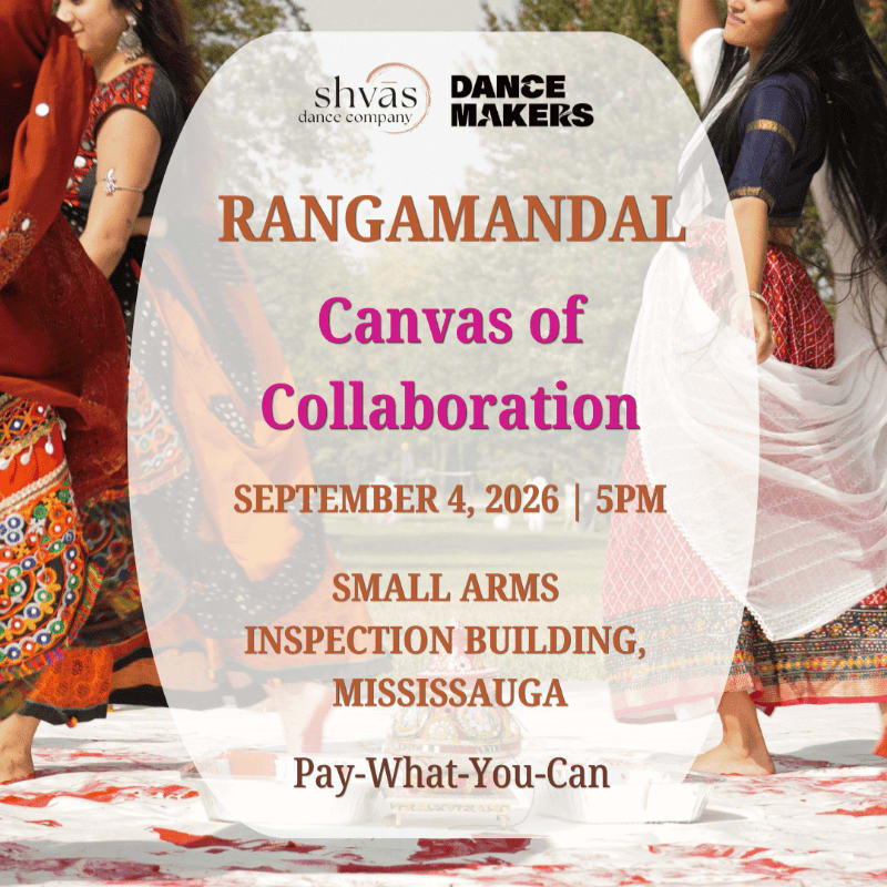 Dancers in colorful traditional Indian attire perform on a white surface in the foreground, with event details for "RANGAMANDAL: Canvas of Collaboration" overlaid on the background.