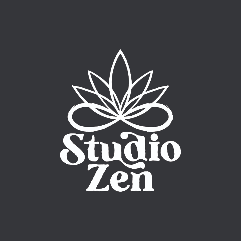 A white lotus flower logo with the words "Studio Zen" is centered on a dark gray background.
