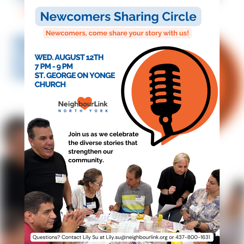 A group of people are gathered around a table in the foreground, while the background features a flyer for a "Newcomers Sharing Circle" event with a microphone icon.