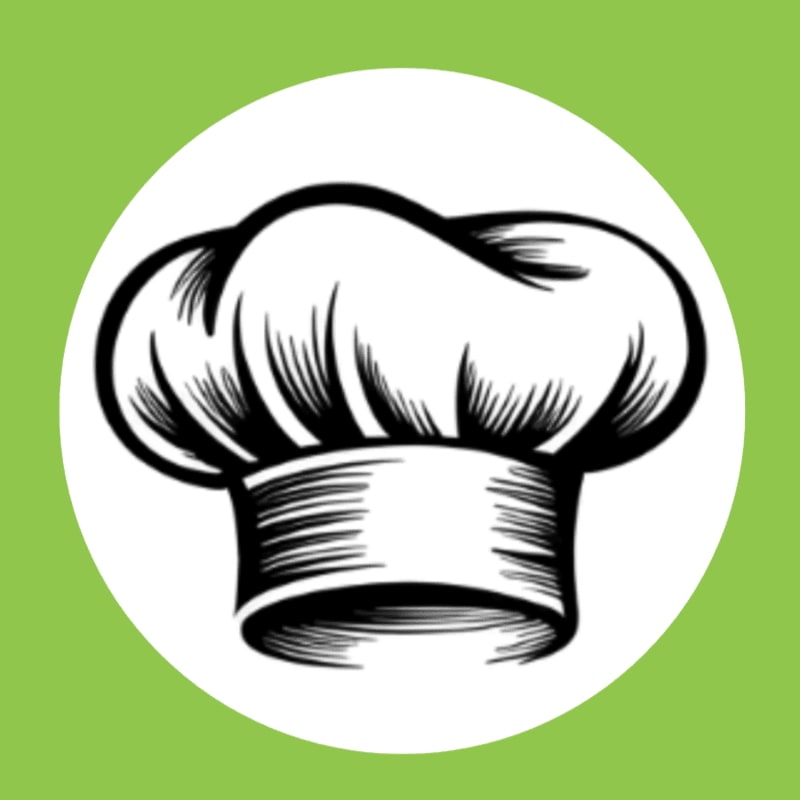 A black and white drawing of a chef's hat is centered within a white circle, all set against a bright green background.
