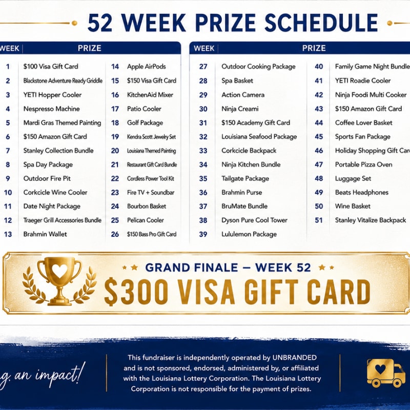 A prize schedule lists weekly prizes and a grand finale prize of a $300 Visa gift card, with a disclaimer at the bottom.