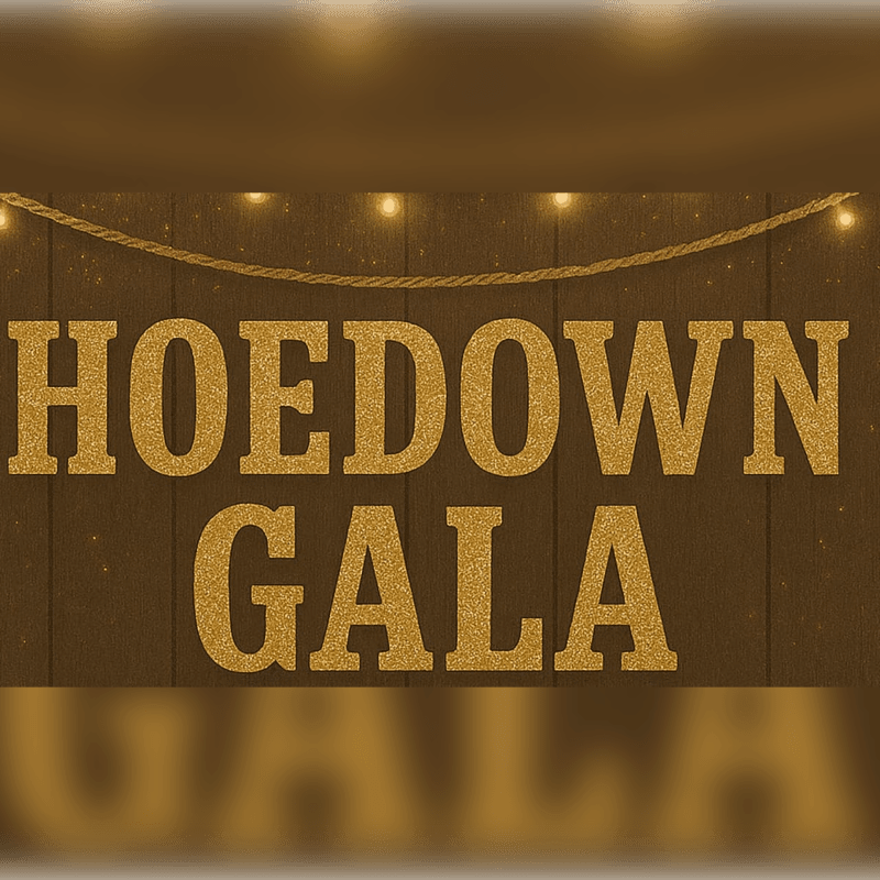 Golden glittery text reading "HOEDOWN GALA" is displayed on a rustic wooden background adorned with a string of lights.