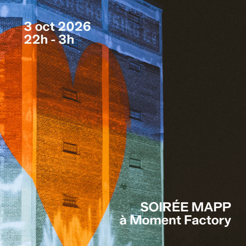 An orange heart graphic overlays a brick building with blue accents in the foreground, while the background is a dark, indistinct space.