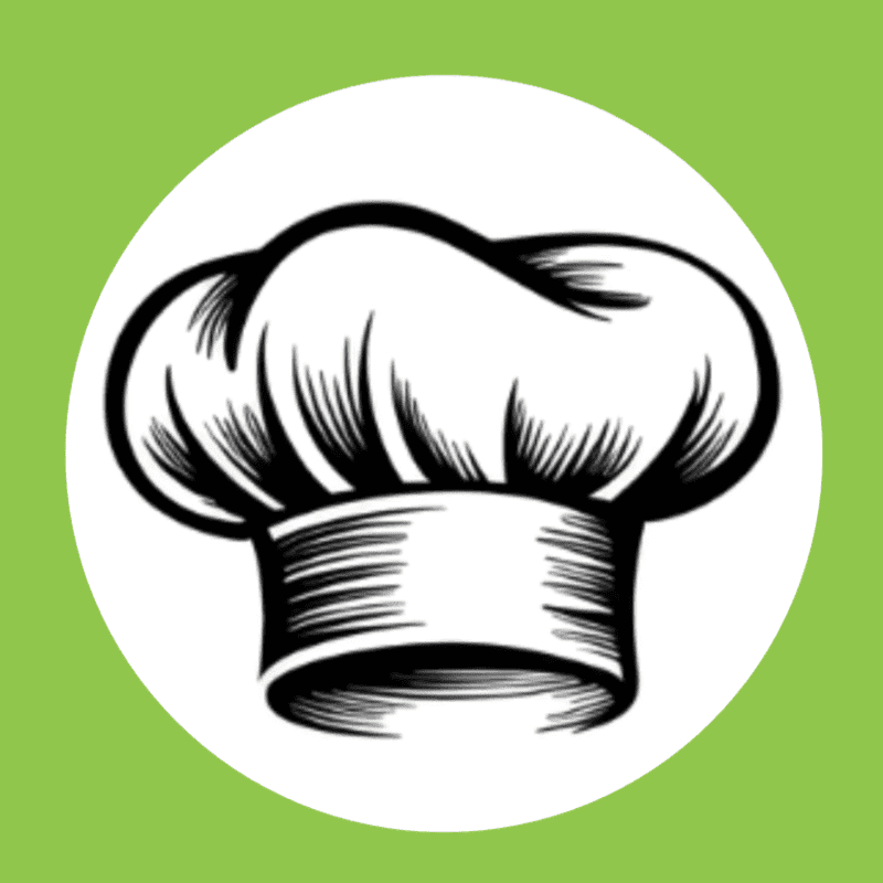 A black and white drawing of a chef's hat is centered within a white circle, all set against a bright green background.