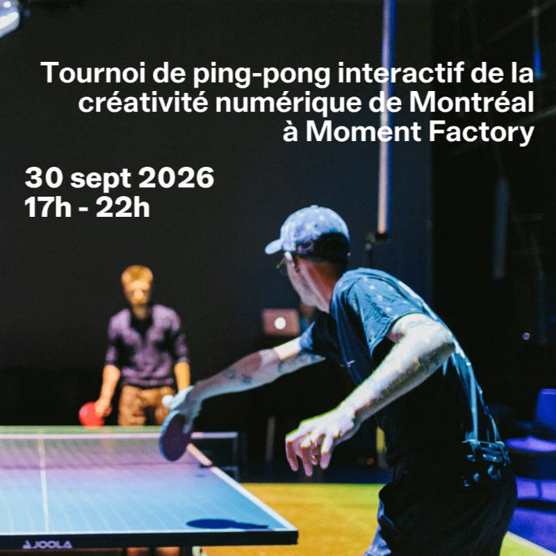 In the foreground, a man in a cap plays ping-pong, while in the background, another player is visible with event details overlaid on a dark backdrop.