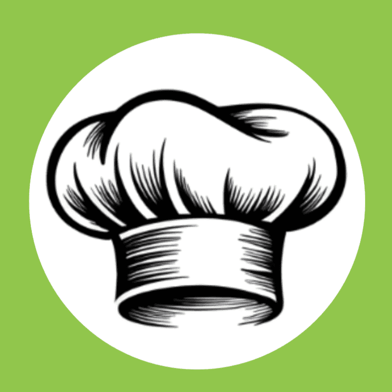 A black and white drawing of a chef's hat is centered within a white circle, all set against a bright green background.