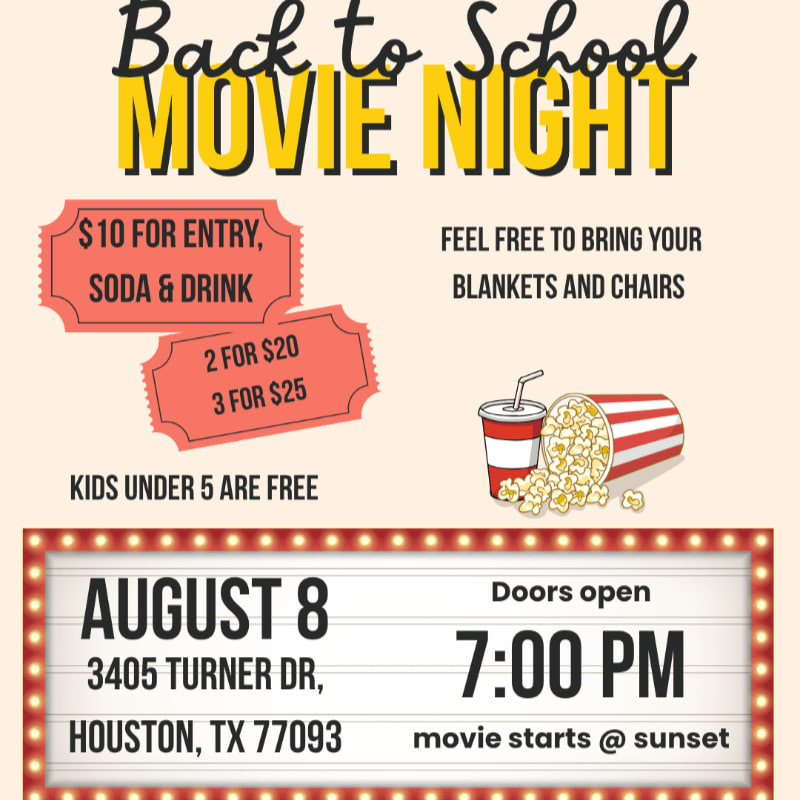 A "Back to School Movie Night" invitation features ticket prices and event details in the foreground, with a marquee displaying the date, address, and time in the background.