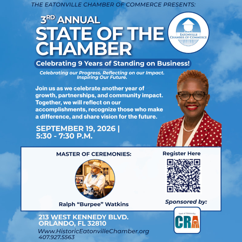 A woman in a red blazer smiles in the upper right corner of a flyer announcing the 3rd Annual State of the Chamber event, with details about the date, time, location, and master of ceremonies in the foreground.