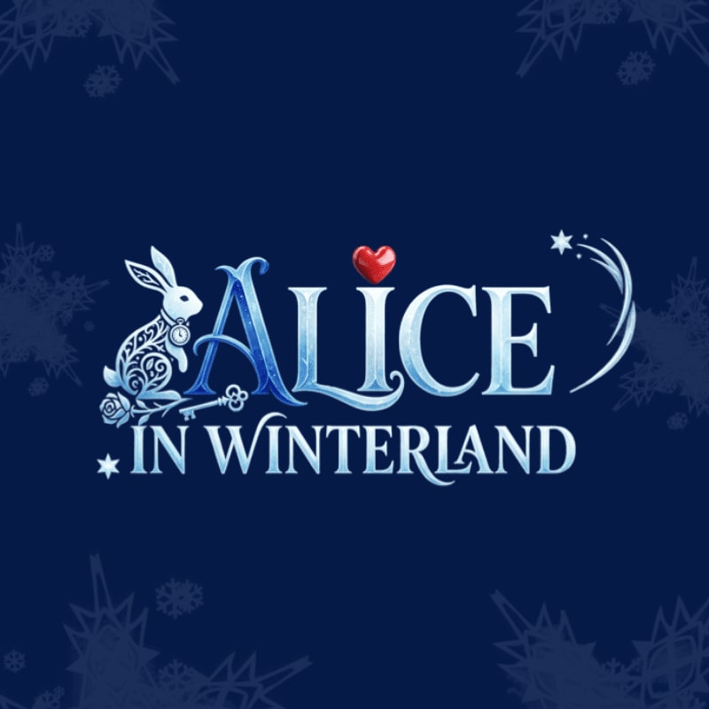 A stylized white rabbit and ornate lettering spell out "Alice in Winterland" against a dark blue background adorned with snowflakes and stars.