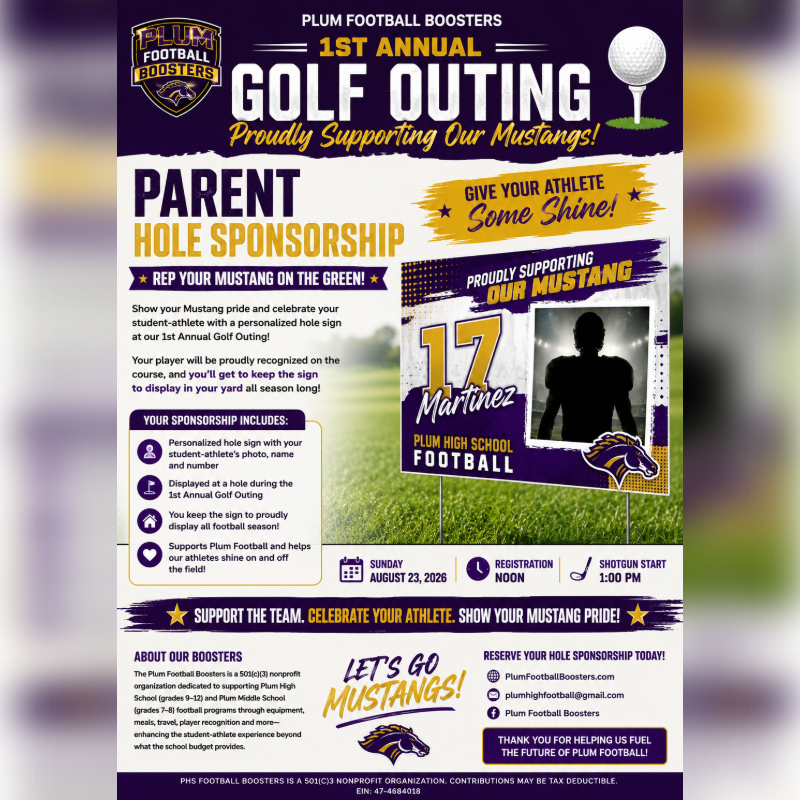 A flyer for a golf outing with a parent hole sponsorship opportunity is displayed against a blurred background of a golf course.