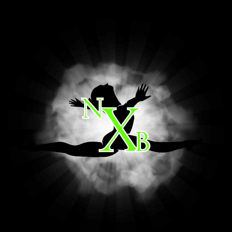 A silhouetted gymnast in a split leap is centered against a smoky, radiating background with the letters "NXB" superimposed.