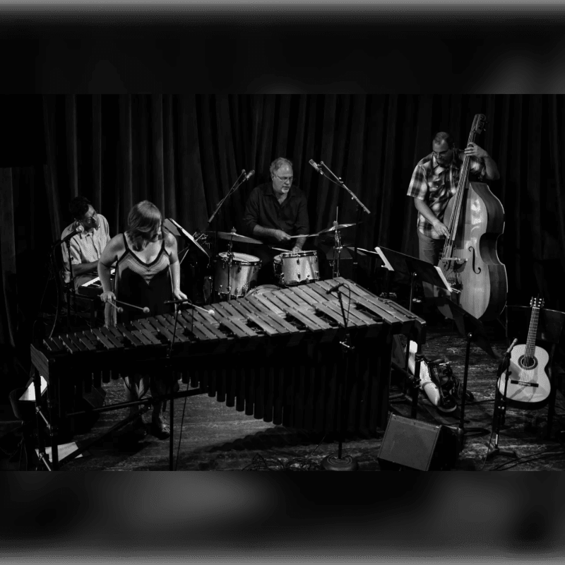 A woman plays a marimba in the foreground while a band performs on a stage with a double bass and drums in the background.