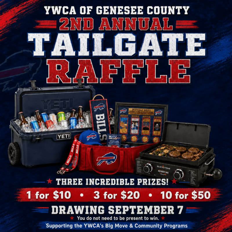 A Yeti cooler filled with drinks and Buffalo Bills merchandise sits in the foreground, with a raffle prize display and event details in the background.