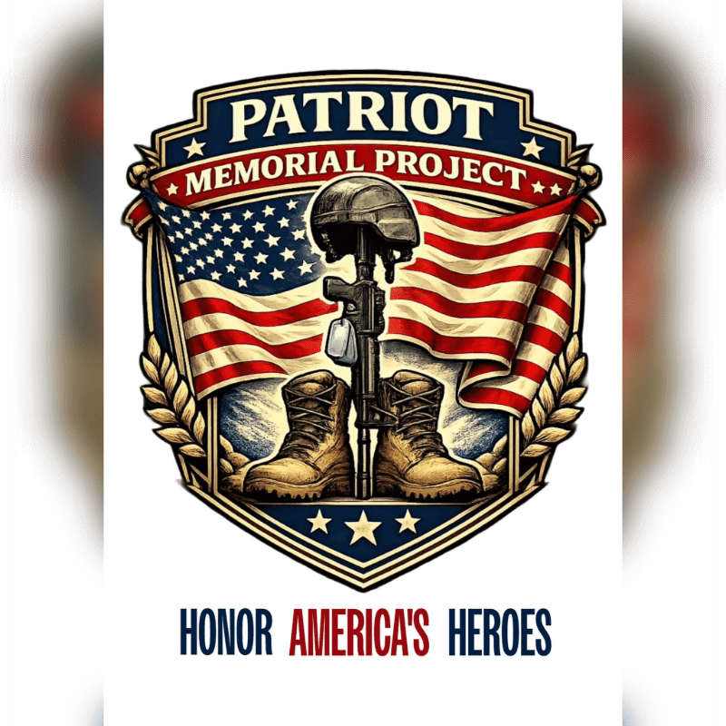 A helmet rests atop a rifle with dog tags, flanked by boots and an American flag, all within a shield emblem that reads "Patriot Memorial Project" and is set against a white background with the text "Honor America's Heroes" below.
