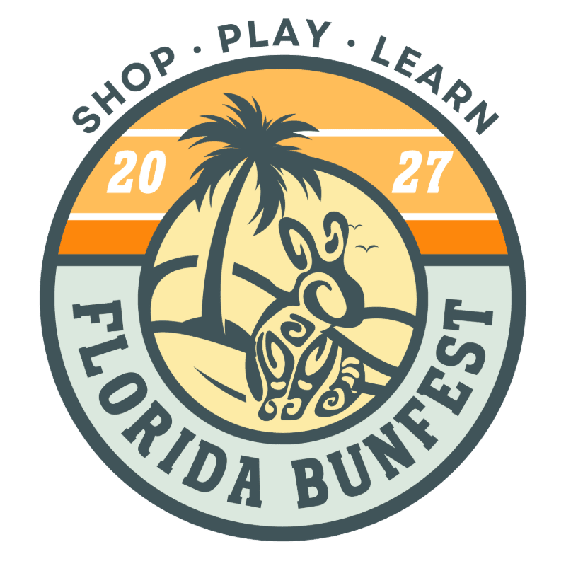 A stylized bunny sits on a beach with a palm tree in the background, all within a circular logo that reads "SHOP · PLAY · LEARN FLORIDA BUNFEST 2027".