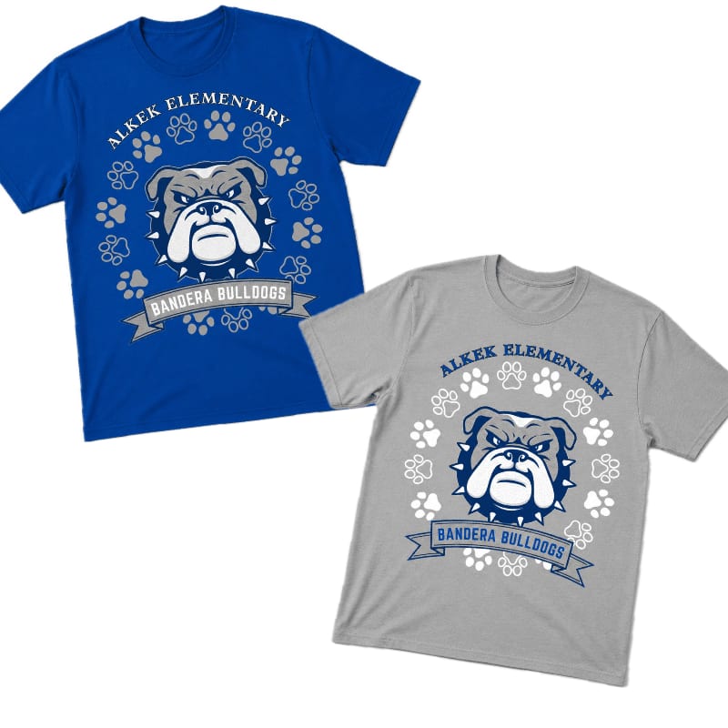 Two t-shirts, one blue and one gray, are displayed against a white background, each featuring a bulldog mascot surrounded by paw prints and school names.