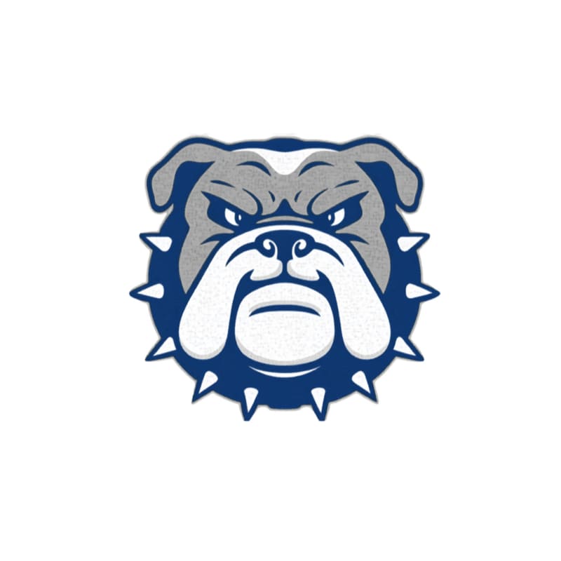 A fierce bulldog mascot with a spiky collar is centered against a plain white background.