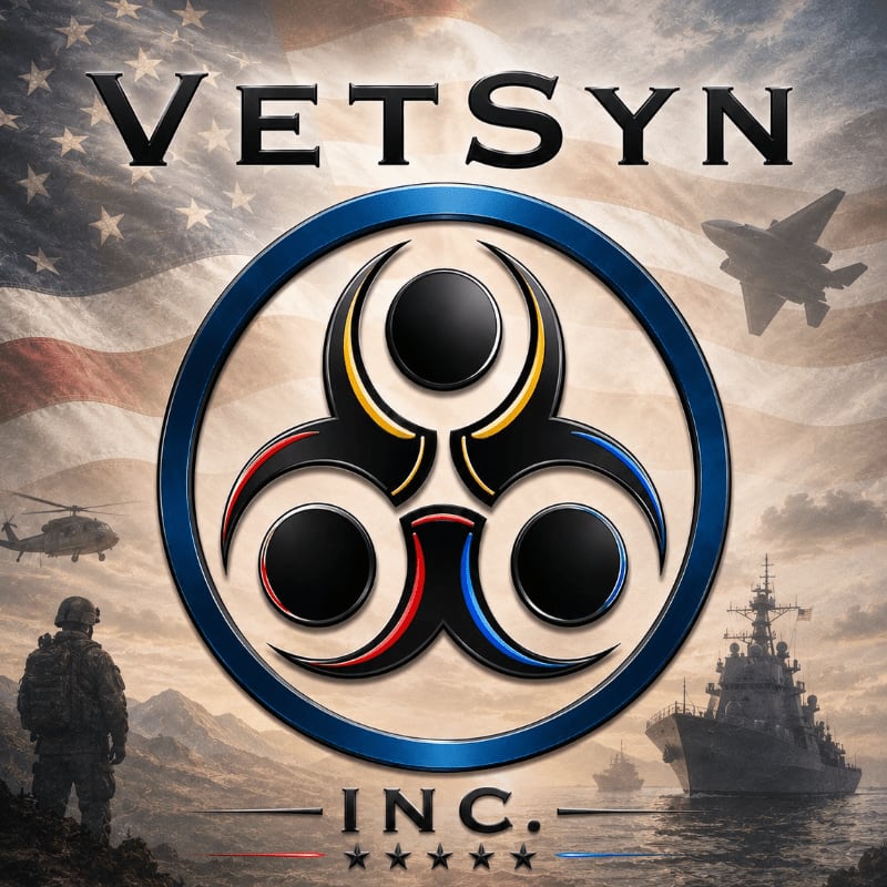 A soldier stands in the foreground with a military emblem and the Vetsyn Inc. logo, while a US flag, fighter jet, helicopter, and battleship fill the background.