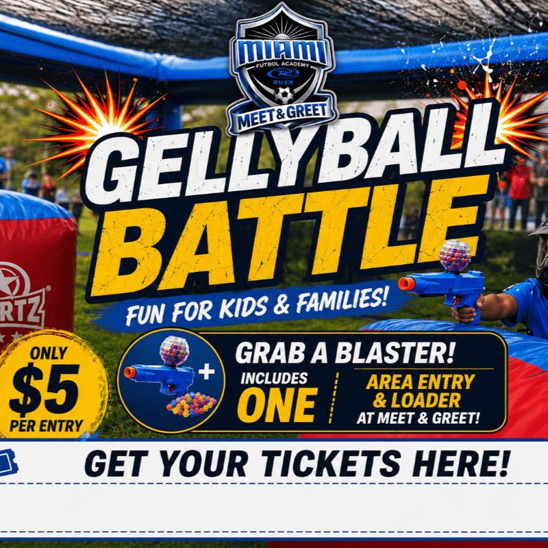 In the foreground, a flyer advertises a "Gellyball Battle" with a $5 entry fee and a blaster, while the background shows a blurry outdoor event with inflatable structures and people.