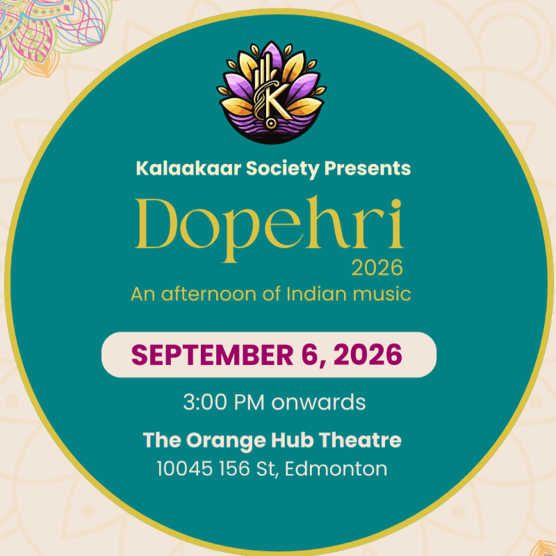 A teal circular graphic with event details for "Dopehri 2026" is set against a light beige background with subtle mandala-like patterns.