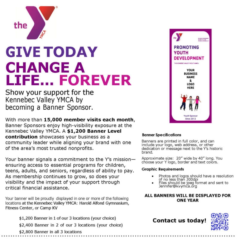 A promotional flyer for the Kennebec Valley YMCA's banner sponsorship program is displayed with text and graphics on the left and a smaller banner advertisement on the right.