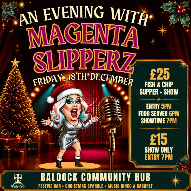 A drag queen in a Santa hat and silver dress sings into a vintage microphone on a stage with a Christmas tree and presents in the foreground, while event details are displayed on the right and the venue name at the bottom against a red curtain background.