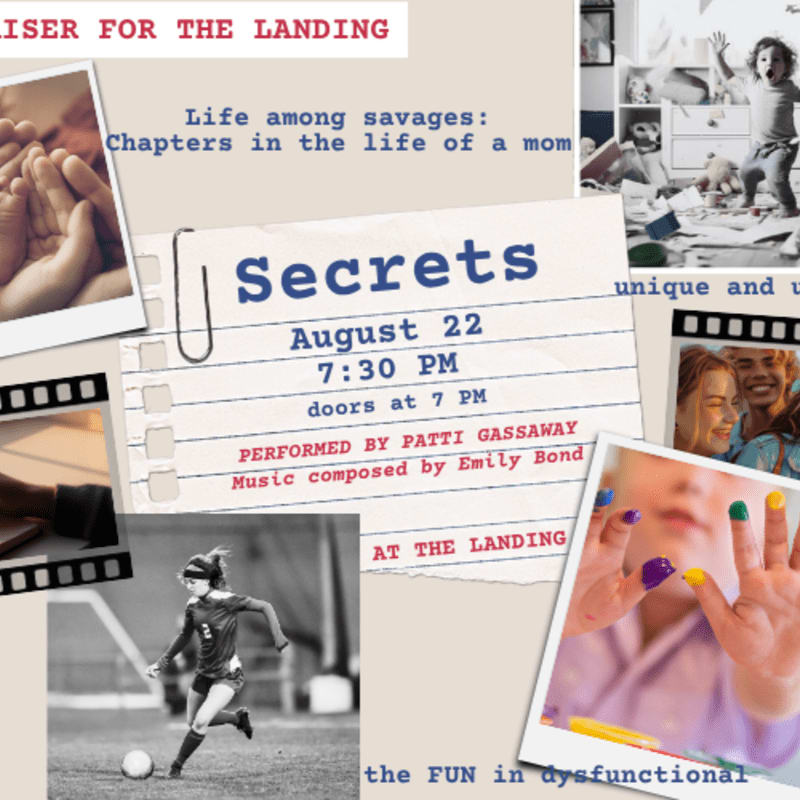 A collage of photos, including a soccer player in the foreground and a chaotic playroom in the background, advertises an event titled "Secrets."