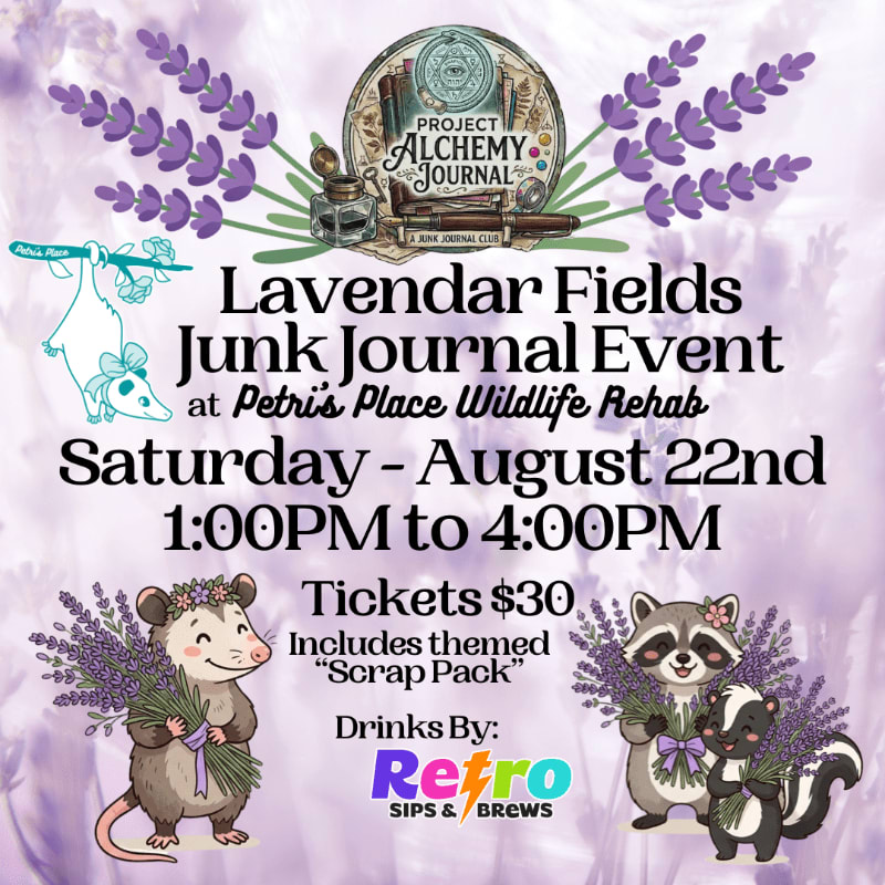 Lavender fields form the background for a flyer advertising a junk journal event featuring cute animal illustrations in the foreground.