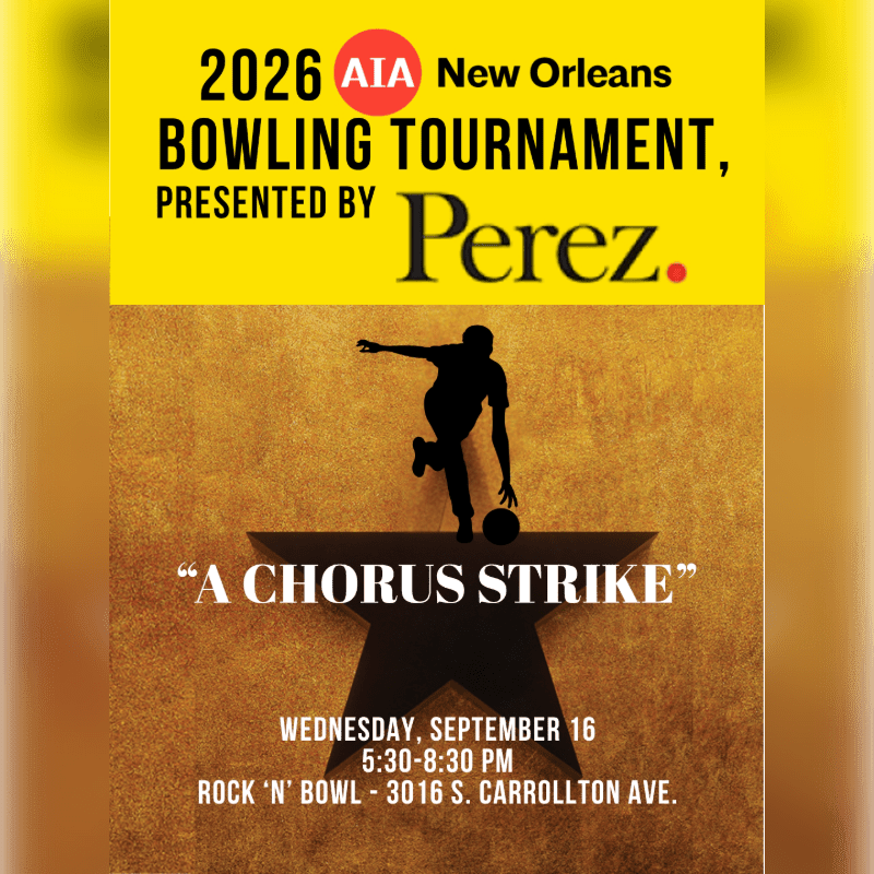 A silhouette of a bowler mid-throw stands atop a star against a textured gold background, advertising the 2026 AIA New Orleans Bowling Tournament.