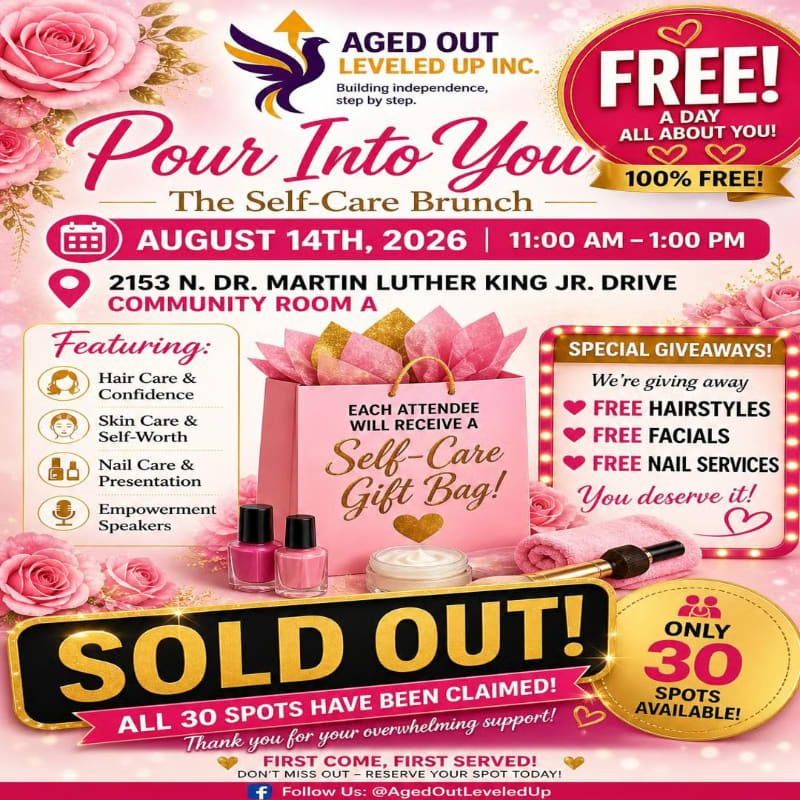 Pink roses and a gift bag with self-care items are in the foreground, while the background features event details for a "Self-Care Brunch" that is "SOLD OUT!"