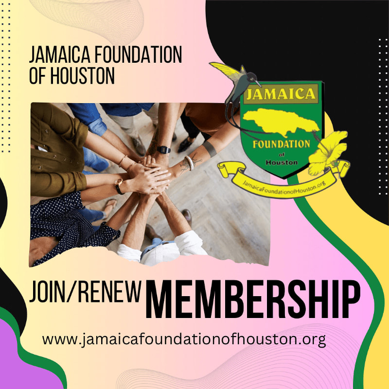 A group of people's hands are clasped together in the foreground, with the Jamaica Foundation of Houston logo and membership information in the background.