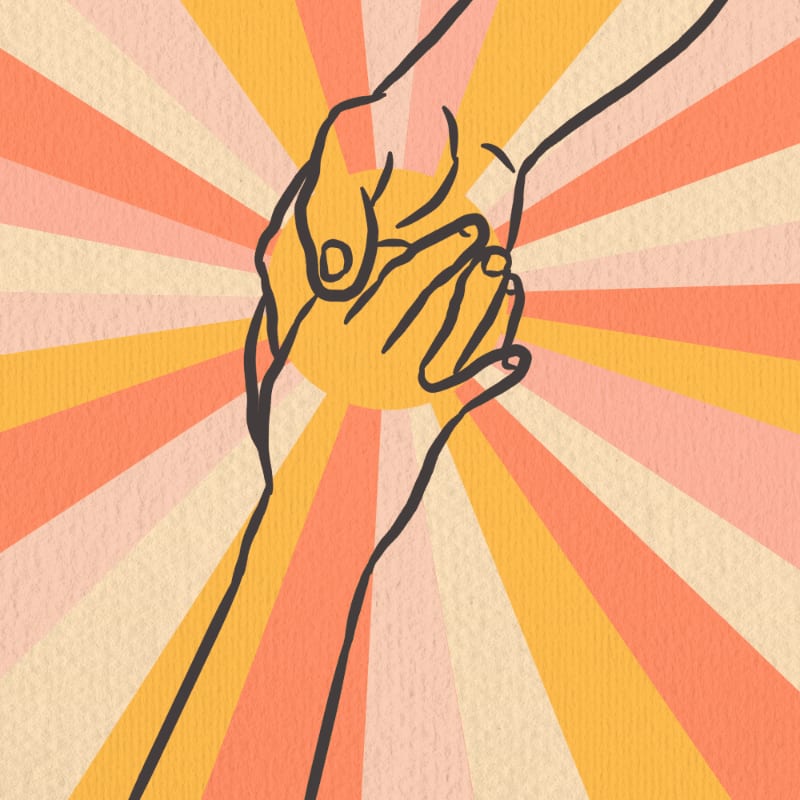 Two hands clasping in the foreground are set against a radiating background of warm orange and yellow stripes.