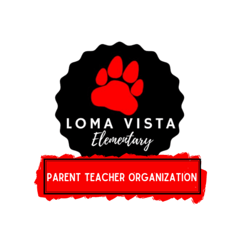 A red paw print sits atop the black, scalloped circle logo for Loma Vista Elementary, with "PARENT TEACHER ORGANIZATION" in white text on a red banner below, all on a white background.