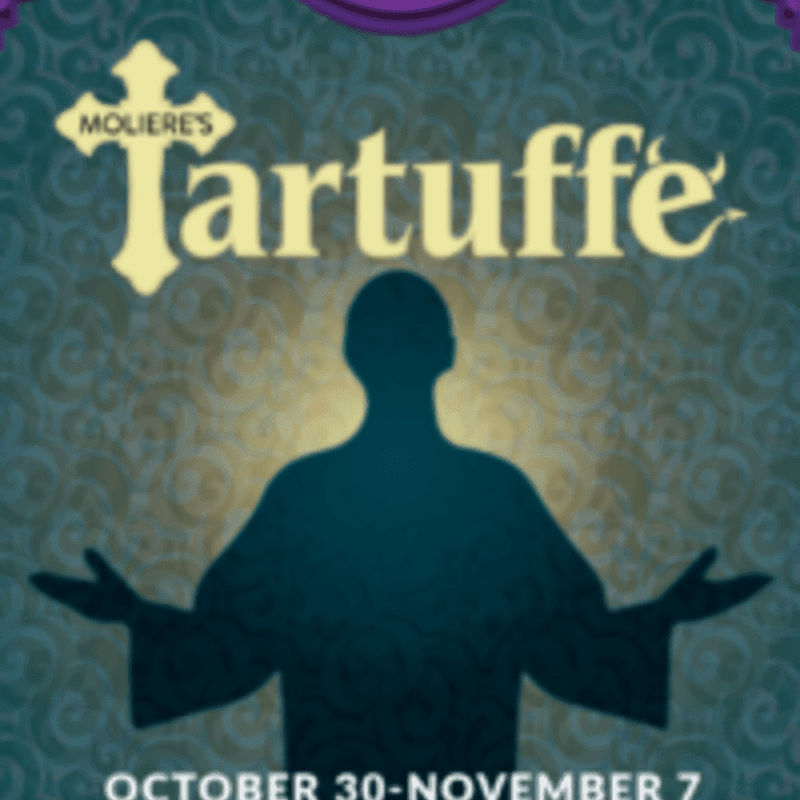 A silhouetted figure with outstretched arms is centered in front of a patterned background with the title "Tartuffe" in large, ornate lettering above.