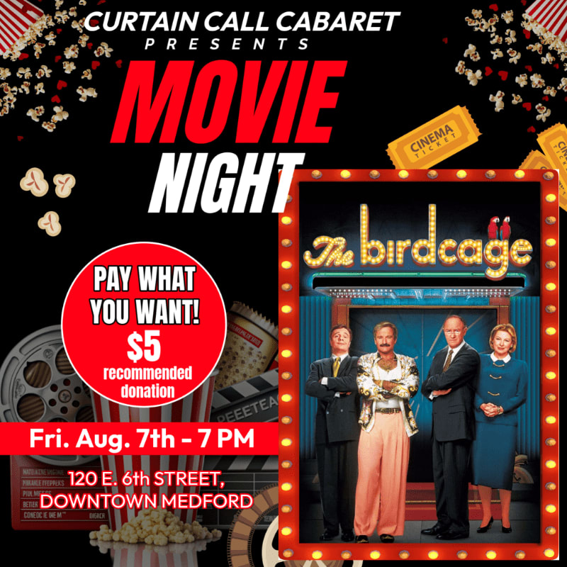 A movie poster for "The Birdcage" is displayed with popcorn and film reels in the foreground, and event details for "Movie Night" at Curtain Call Cabaret in the background.
