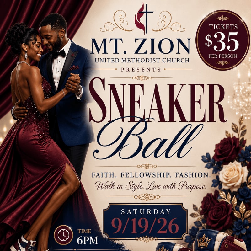 A couple dances in the foreground, while the background advertises the Mt. Zion United Methodist Church's Sneaker Ball.